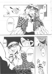 avian blush censored cum english_text female harpy heart human ineffective_censorship male mammal monster_girl niku_drill penis straight text