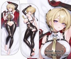 1girls blonde_hair dakimakura elbow_gloves evelyn_chevalier purple_eyes single_thighhigh tight_pants white_shirt zenless_zone_zero