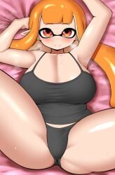 1girls breasts female inkling inkling_girl kaori_(splatoon) large_breasts light-skinned_female light_skin long_hair lying_on_back nintendo nobunagapero orange_hair panties peronattu splatoon splatoon_(series) tank_top tentacle_hair