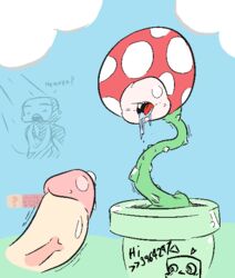 1boy 1other ambiguous_gender anonymous_artist disembodied_penis english_text eyeless faceless_male flora_fauna humanoid_penis lips male mario_(series) nintendo outdoors penis piranha_plant plant precum saliva super_mario_bros. text video_games warp_pipe