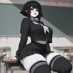 1girls 2025 2d ai_generated belly big_breasts black_eyes black_hair black_lipstick blush cl4wny classroom clawny curvy curvy_body curvy_female curvy_figure goth goth_girl gothic original_character roblox roblox_avatar robloxian school_uniform schoolgirl short_hair sitting skirt thick_thighs white_body white_skin wolf_cut