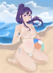 1female 1girls ball bare_shoulders beach beach_ball beachball breasts collarbone doki_doki_literature_club female female_focus purple_eyes purple_hair qirlpuke sand twitter_username water yuri_(doki_doki_literature_club)