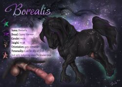 2021 animal_genitalia animal_penis balls black_balls black_body black_fur black_mane black_penis borealis_thevaner cosmic_background dated equid equine equine_genitalia equine_penis erection feral fur genitals green_highlights highlights_(coloring) horse male mammal mane model_sheet mouth_closed penis pink_balls pink_penis purple_eyes purple_highlights rufciu side_view signature solo space space_background