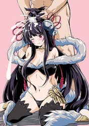 1boy ;( animal_ears arms_behind_back bare_shoulders bead_necklace bell black_hair black_legwear black_panties blush breasts cleavage cum earjob ejaculation female fox_ears full_body fur_trim granblue_fantasy hair_bell hair_ornament jingle_bell kimura_neito large_breasts long_hair navel panties red_eyes sidelocks sitting solo_focus string_panties thighhighs underwear wariza yuel_(granblue_fantasy)