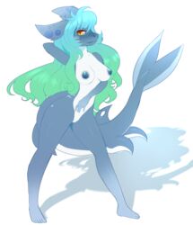 2016 amber_eyes anthro blue_hair blue_skin blush breasts female fish green_hair grey_nipples grey_skin hair hand_behind_head hindpaw lips long_hair looking_at_viewer marine multicolored_hair nipples pastelletta paws pussy shark solo standing two_tone_hair white_skin