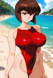 2d ai_generated beach big_breasts bob_cut brown_hair day female female_focus female_only highleg nabiki_tendo outdoors ranma_1/2 solo solo_female solo_focus swimsuit tagme