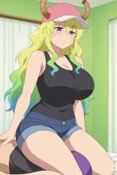 1girls baseball_cap big_breasts blonde_hair facesitting horns huge_breasts indoor indoors kobayashi-san_chi_no_maidragon light-skinned_female light_skin lucoa lucoa_(maidragon)