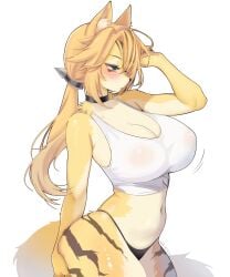 askoevi big_breasts blonde_hair cat_ears cat_humanoid choker female female_only furry furry_female green_eyes no_sex no_visible_genitalia pulchra_(zenless_zone_zero) thiren underwear yellow_fur zenless_zone_zero