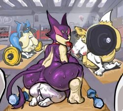 absurd_res anal anal_vore angry anthro anus ass balls bandai_namco big_breasts blokkie bodily_fluids breasts canid canine digimon digimon_(species) digital_drawing_(artwork) digital_media_(artwork) domestic_cat dumbbell duo exercise feet felid feline felis female female_pred femboy fitness generation_4_pokemon generation_5_pokemon genitals group gym head_first hi_res looking_at_viewer lucario male male/female male/male mammal nintendo nipples nude pokemon pokemon_(species) purrloin renamon shaded sport stomach_bulge stretched_anus sweat unbirthing unwilling_prey vaginal_penetration vore weightlifting weights whistle_around_neck workout