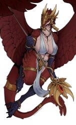 absurd_res anthro avian avian_legs big_breasts bracelet breasts chaos_daemon claws clothing daemon_of_tzeentch faceplate fe'ra feathered_wings feathers female gold_(metal) headdress hi_res jewelry lord_of_change melee_weapon non-mammal_breasts red_body red_eyes red_feathers silgiriya_mantsugosi solo staff thick_thighs toe_claws warhammer_(franchise) warhammer_40000 weapon wide_hips wings