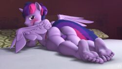 3d_(artwork) absurd_res alicorn anthro anus ass balls barefoot blush cutie_mark digital_media_(artwork) equid equine feet friendship_is_magic genitals hair hasbro hi_res horn humanoid_feet looking_at_viewer looking_back looking_back_at_viewer male mammal my_little_pony mythological_creature mythological_equine mythology nude penis plantigrade purple_body purple_eyes purple_hair purple_tail soles solo tail toes twilight_sparkle_(mlp) unie wings