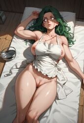 ai_generated apron big_breasts dota_2 from_above genderswap_(mtf) genhartist green_hair kitchen laying_on_bed long_hair nipples pudge_(dota_2) r63 scars seams standing white_eyes