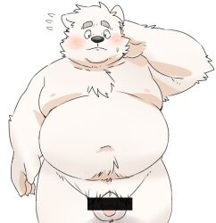 2025 anthro balls belly big_belly blush canid canine canis censored domestic_dog flaccid genitals hi_res inunoshippo kemono male mammal moobs navel nipples overweight overweight_male penis simple_background solo white_background