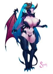 1girls alternate_costume artist_name bursting_breasts claws cleavage colored_skin curved_horn dragon dragon_girl dragon_tail dragon_wings female full_cleavage huge_breasts league_of_legends midriff riot_games solo solo_female sona_buvelle sparky.girlsart tail thighhighs toned toned_female twintails very_long_hair violet_skin white_background wings