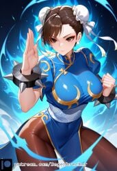 1girls ai_generated athletic_female bracelet brown_eyes brown_pantyhose chinese_clothes chun-li degenbrecher female large_breasts legwear patreon patreon_username pelvic_curtain puffy_short_sleeves spiked_bracelet street_fighter