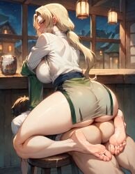 1boy 1girls ai_generated alcohol ass ass_focus beer bubble_butt busty clothed clothed_female dominant dominant_female drunk femdom foot_fetish human_chair humiliated humiliation looking_at_viewer naruto naruto_(series) rtxfus rtxfus34 sitting sitting_on_another sitting_on_person smile submissive_male tavern toes tsunade