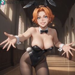 1girls ai_generated animal_ears areola_slip artist_name artist_signature bare_shoulders black_bow black_leotard blue_eyes bow bowtie breasts bunny_costume bunny_ears bunny_girl bunny_tail bunnysuit cameltoe castlevania_(netflix) cleavage detached_collar fake_animal_ears grin hi_res high_resolution highleg highleg_leotard highres indoors kurutai large_breasts leotard looking_at_viewer orange_hair pantyhose playboy_bunny rabbit_ears rabbit_tail short_hair smile solo strapless strapless_leotard subscribestar subscribestar_username sypha_belnades tail teeth uncensored