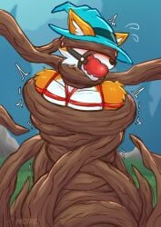 abs anthro arms_tied artist_logo ball_gag black_nose blush blush_lines bodily_fluids bondage bound canid canine cheek_tuft clothed clothing covered_eyes detailed_background facial_tuft flying_sweatdrops fox fox_(megabonk) fully_bound fur gag gagged grass halter hands_behind_back harness harness_ball_gag harness_gag headgear headwear inner_ear_fluff logo male mammal megabonk moire_dragon motion_lines multicolored_body multicolored_fur muscular muscular_anthro muscular_male navel neck_tied open_mouth open_mouth_gag orange_body orange_fur outside plant restrained restrained_by_vines restraints rope rope_bondage rope_harness solo standing submissive submissive_anthro submissive_male sweat sweatdrop topless tuft vine_bondage white_body white_fur