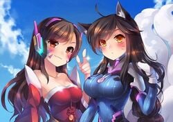 2girls ahri animal_ears black_hair bodysuit breasts brown_hair costume_switch crossover d.va duo female female_only fox_ears fox_girl hamifr league_of_legends looking_at_viewer overwatch skin_tight whisker_markings