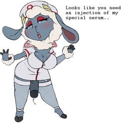 breasts caprine cleavage clothed clothing cum dialogue dickgirl eyeshadow futanari intersex legwear makeup mammal musicsheep nurse nurse_uniform open_mouth penis roy_mccloud sheep solo_futa stockings uniform