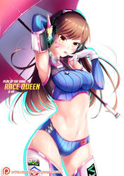 amber_eyes belly belly_button bikini brown_hair choker crop_top d.va detached_sleeves exposed_midriff finger_biting finger_on_lip finger_to_mouth gloves headphones nakatokung overwatch panties patreon play_of_the_game race_queen shiny shiny_clothes shiny_hair shiny_skin solo umbrella whisker_markings