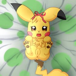 anus apefromspace3 bed bow brown_eyes chest_tuft female female_only fur looking_at_viewer nintendo on_bed pikachu pokemon presenting presenting_pussy pussy solo spread_legs spreading tuft video_games yellow_fur