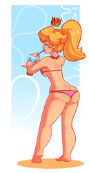 1girls ass beach bikini breasts cuprumrus female female_only full_body long_hair mario_(series) nintendo pink_bikini ponytail princess_peach simple_background solo standing swimsuit tied_hair