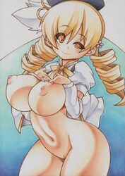 areolae blonde_hair bottomless breast_suppress breasts curvy drill_hair female hair hat headgear huge_breasts long_hair long_twintails looking_at_viewer mahou_shoujo_madoka_magica marker_(medium) navel nipples no_bra perky_breasts pussy shirt smile solo standing tied_hair tomoe_mami traditional_media twintails uncensored yellow_eyes yutakasan-love