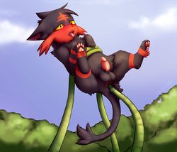 1boy anal anal_penetration anal_sex animal_genitalia animal_penis anus ass balls barbed_penis black_fur body_markings feline feline_penis feral furry interspecies litten male male_only male_penetrated nintendo outdoors pawpads paws penetration penis pokemon pokemon_sm red_eyes sex solo spottedfire_(artist) spread_legs suspension tail tentacle_sex tentacles testicles tongue_out video_games yellow_sclera