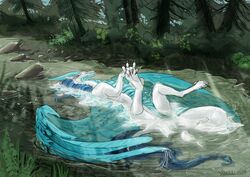 1girls 2016 blue_feathers blue_scales dragon feathered_wings feathers female feral forest ice itaris lying outside presenting pussy river scales solo spread_legs spreading summer tongue_out velannal water white_body white_skin wings