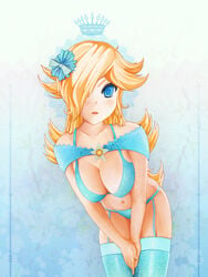 1girls blonde_hair blue_eyes breasts dpannkaka female female_only floral_background hair_over_one_eye leaning_forward lingerie long_hair mario_(series) nintendo nipple_bulge pannkaka666 princess_rosalina solo standing underwear