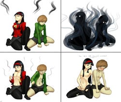 2boys 2girls amagi_yukiko androgynous balls balls_in_pantyhose bike_shorts black_eyes black_hair brown_eyes brown_hair femboy ftm_transformation gender_transformation genderswap genderswap_(ftm) hair male masturbation megami_tensei minigun_(artist) nipples nude penis persona persona_4 rule_63 satonaka_chie shin_megami_tensei testicles transformation undressing