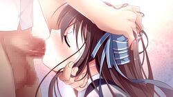 1boy brown_hair censored female game_cg green_eyes irrumatio kannaduki_nemu kannazuki_nemu katagiri_hisui long_hair oral penis tagme watashi_ga_seieki_chuudoku_nano_wa_omae_no_sei_da!