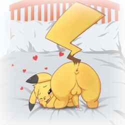 all_fours anus apefromspace3 ass ass_up balls blush bow cum fur heart looking_back male male_only nintendo penis pikachu pokemon raised_tail rear_view solo tongue tongue_out video_games yellow_fur