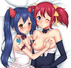2girls bed black_gloves blue_eyes blue_hair blush breast_grab breasts brown_eyes chelia_blendy elbow_gloves fairy_tail female female_only gloves long_gloves long_hair looking_at_viewer multiple_girls one_eye_closed pink_hair twintails wendy_marvell yuri