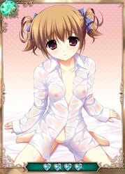 blue_ribbon bow brown_eyes brown_hair card_(medium) clothing collarbone dress_shirt female grisaia_(series) grisaia_no_kajitsu hair_ribbon irisu_makina kneeling looking_at_viewer nipples ribbon see-through see-through_clothing shirt short_hair small_breasts solo wet wet_clothes wet_shirt