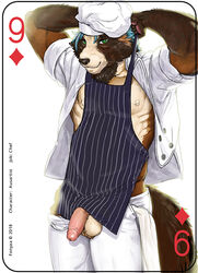 2018 abs anthro apron balls brown_fur canine card chef chef_hat clothed clothing digital_media_(artwork) english_text fonyaa fur green_eyes hair hat humanoid_penis looking_at_viewer male male_only mammal muscular muscular_male nipples pants pecs penis playing_card shirt simple_background smile solo standing tanuki tanukiami text