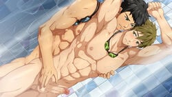 2boys abs armpit bara blue_eyes dark_hair duo free! gay goggles green_eyes green_hair hair makoto_tachibana male male_only mazjojo multiple_boys muscles nipples open_eyes pecs penis shower sosuke_yamazaki steam sweat testicles uncensored water yaoi