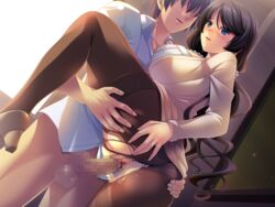 age_difference akino_shin ass black_hair blue_eyes blush boku_no_daisuki_na_oba-san bottomless bra breasts censored clothed_sex clothing eyebrows eyebrows_visible_through_hair female game_cg high_heels highres huge_breasts indoors leg_up legs long_hair long_sleeves looking_at_viewer mosaic_censoring panties panties_aside pantyhose parted_lips penis pussy raised_eyebrows sex shinoda_ikumi shiny shiny_skin sideboob smile standing thighs torn_pantyhose underwear vaginal_penetration