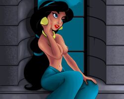 aladdin arabian_clothes artist_request black_hair blue_clothing blue_eyes disney disney_princess female female_only gif harem_outfit human inside long_hair nipples princess_jasmine sitting solo static_gif topless window