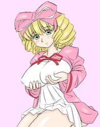 bb blonde_hair blush breast_grab breast_lift breasts green_eyes hinaichigo huge_breasts ribbon ribbons rozen_maiden