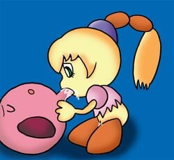 blonde_hair blue_background closed_eyes clothes color cum fellatio female fumu_(kirby) green_eyes hair interspecies kirby kirby:_right_back_at_ya! kirby_(series) lying male nintendo nude on_back open_eyes open_mouth oral oral_sex penis pink_skin pussy_juice side_view standing straight sucking tiff_(kirby) vulva