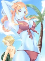 1boy 1girls arms_behind_head arms_up bikini blue_skin breasts cameltoe cleavage elf eyeshadow female food front-tie_top fruit hair large_breasts link link_(twilight_princess) long_hair looking_at_viewer makeup male microspace midna navel nintendo orange_hair palm_tree pointy_ears posing red_eyes smile spoilers swimsuit the_legend_of_zelda tree twili twili_midna twilight_princess watermelon