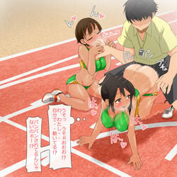 2girls aomizuan ass black_hair blush breasts brown_eyes brown_hair buruma dark_skin faceless faceless_male finger_sucking gekka_f-to heart large_breasts multiple_girls navel open_mouth original outdoors ponytail saliva sex shoes sports_bra sweat text thought_bubble tied_hair track_and_field translated translation_request wariza whistle