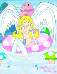 1girls 2006 blonde_hair crown deadphoenx female female_only looking_at_viewer mario_(series) mushroom naked_footwear naked_stockings nintendo nude princess_peach royalty sitting solo stockings straight_hair super_mario_bros. thighhighs wings