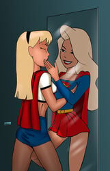 2girls blonde_hair blue_skirt breast_grab dc_comics dcau female female_only kara_zor-el linda_danvers long_hair miravi mirror multiple_girls red_lips red_skirt selfcest supergirl superman:_the_animated_series superman_(series) superwoman yuri