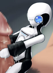 blue_eyes censored cum female_type ft_(artist) gynoid mouthless penis robot robot_girl robot_humanoid robot_joints rubbing rubbing_penis size_difference small_body smaller_female tagme white_body