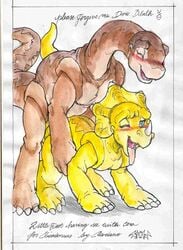 1boy 1girls ahe_gao ambiguous_penetration blush cera dinosaur doggy_style don_bluth duo english_text female littlefoot male mariano one_eye_closed pencil_(artwork) penetration sex straight text the_land_before_time tongue tongue_out watercolor_(artwork)