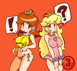 ! 2girls 3_dev_adam ? bare_shoulders blonde_hair blue_eyes blush breasts brooch clothing crown duo earrings eyebrows_visible_through_hair female female_only flower_earrings ginger_hair human human_only light-skinned_female light_skin lips lipstick long_hair looking_at_viewer luigi64 mario_(series) mario_tennis medium_breasts midriff miniskirt multiple_females multiple_girls nintendo nipples_visible_through_clothing pale-skinned_female pale_skin panties pearl_earrings pink_miniskirt princess_daisy princess_peach shoulder_length_hair simple_background speech_bubble sports_uniform sportswear straight_hair string_panties tank_top teeth tennis_uniform thick thick_thighs waistband wide_hips yellow_tank_top