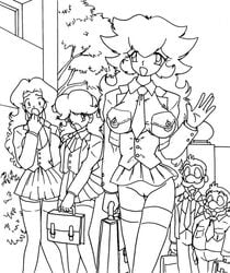 2boys 3girls black_and_white cartoony clothes color drooling earrings empty_(artist) facial_hair female human line_art long_hair luigi male manly mario mario_(series) monochrome mustache nintendo outdoors pauline princess_daisy princess_peach saliva straight_hair vulva